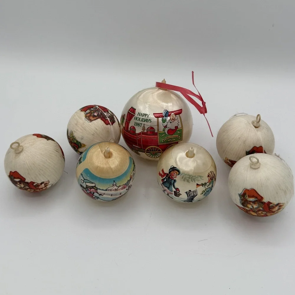 Vintage 1970-1980 Christmas Ornaments Lot of 7 Santa Train Caroling Winter Scene